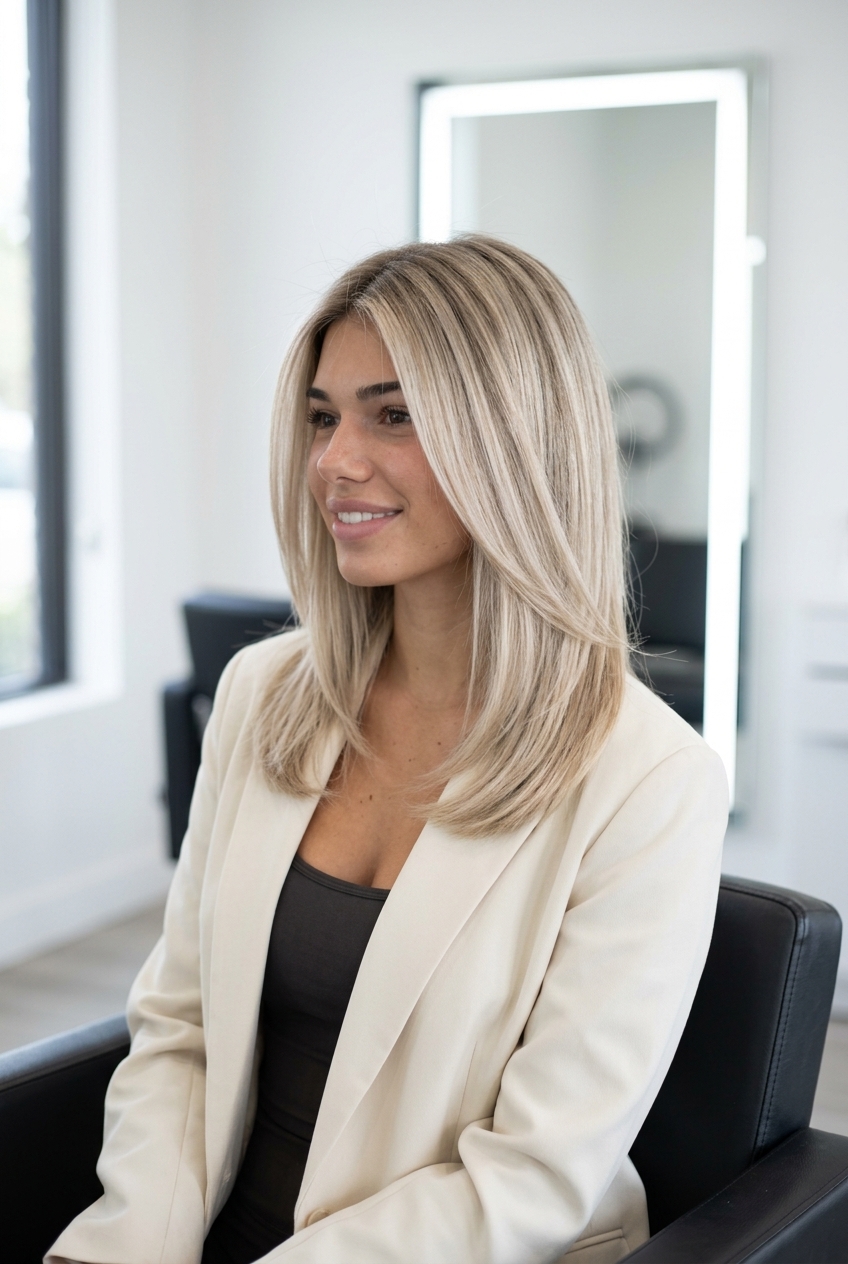 long oatmilk ash blonde shadow root with beige root, babylights/balayage — effortless modern weekend brunch
