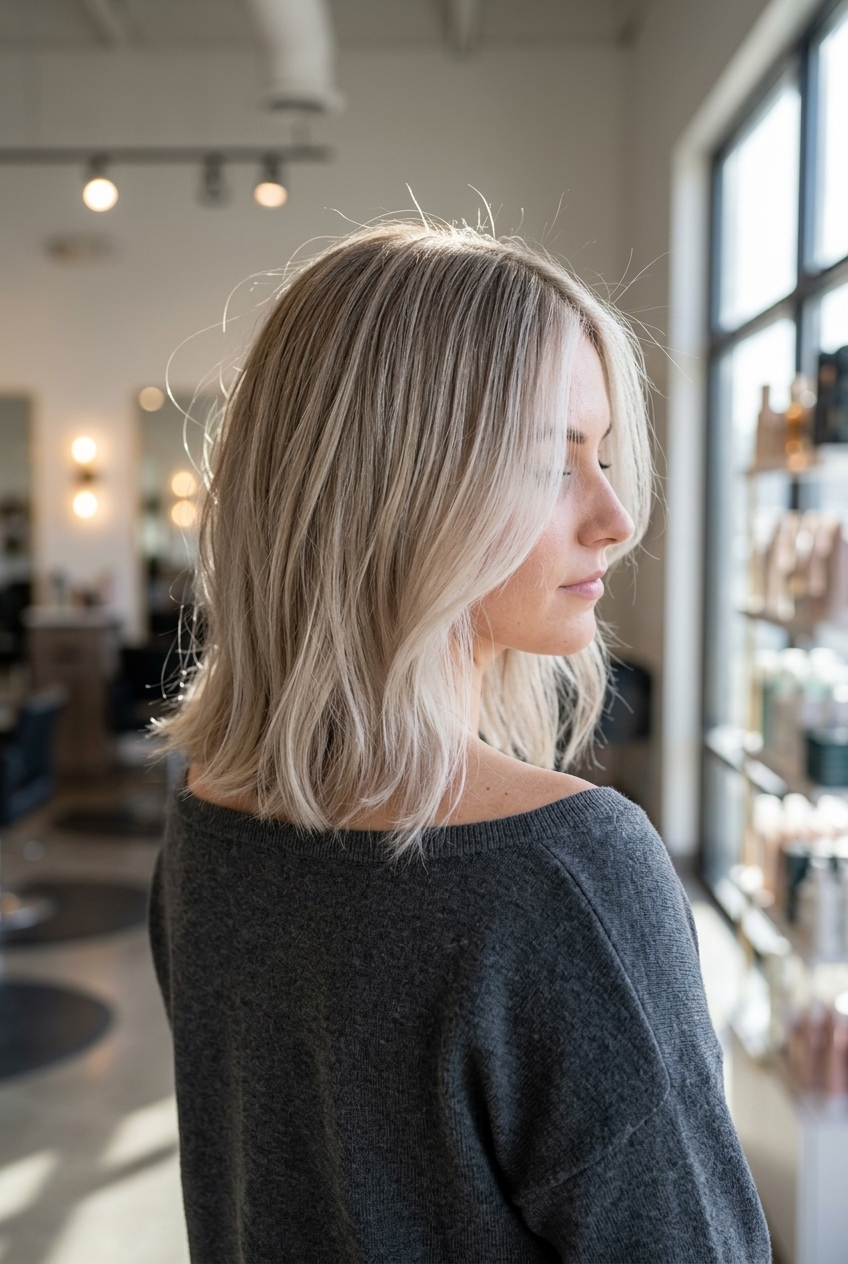 shoulder-length blunt cut ash blonde with face-framing brights, scandi hairline, no fringe — playful