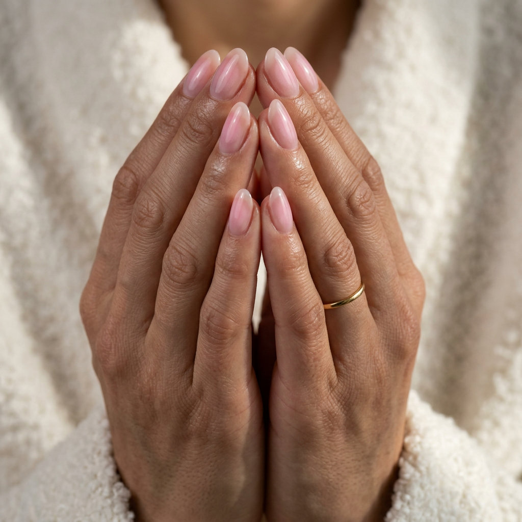 Sheer Blush Pink Oval Aura Nails 2026 Sheer blush pink oval aura nails for wedding guest outfits, oval summer nails 2026 for all skin tones.