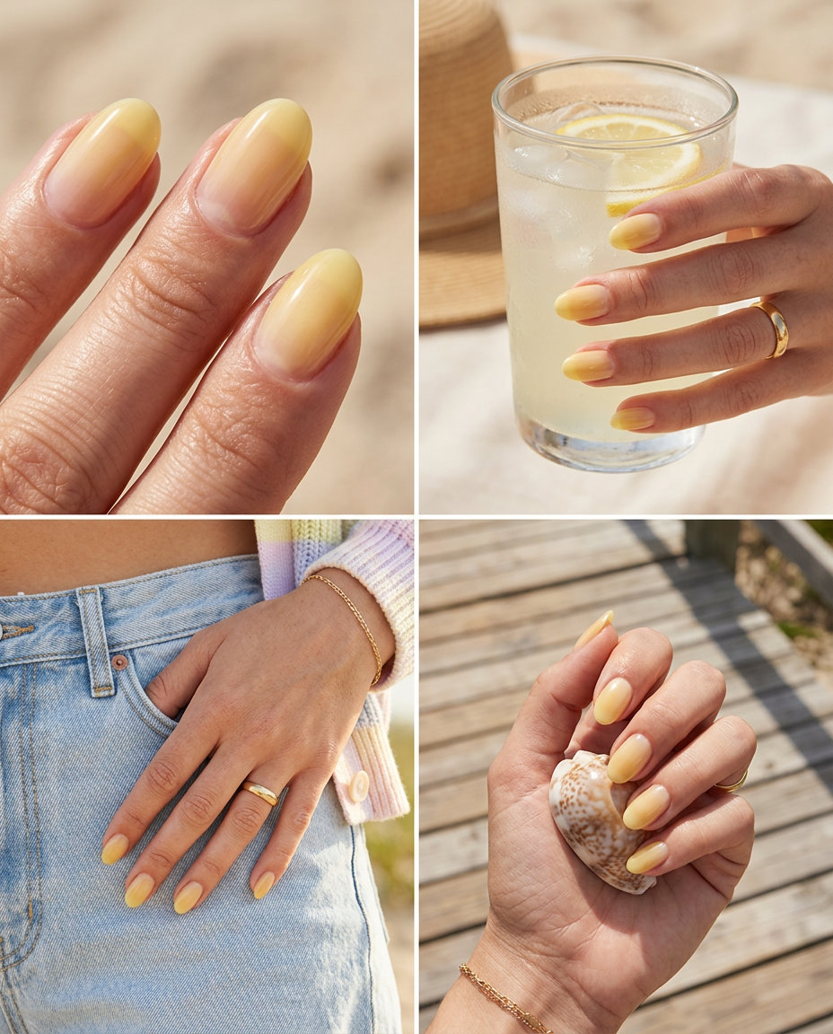 Sheer Butter Yellow Oval Glazed Nails 2026 Sheer butter yellow oval glazed nails for vacation outfits, oval summer nails 2026 for all skin tones.
