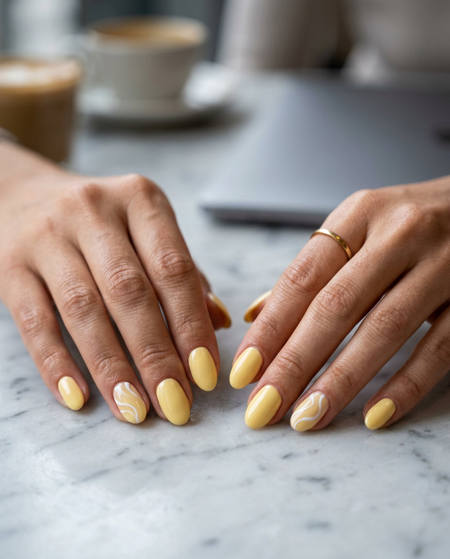 Butter Yellow Oval Swirl Accent Nails 2026 Butter yellow oval swirl accent nails for casual outfits, oval summer nails 2026 for all skin tones.