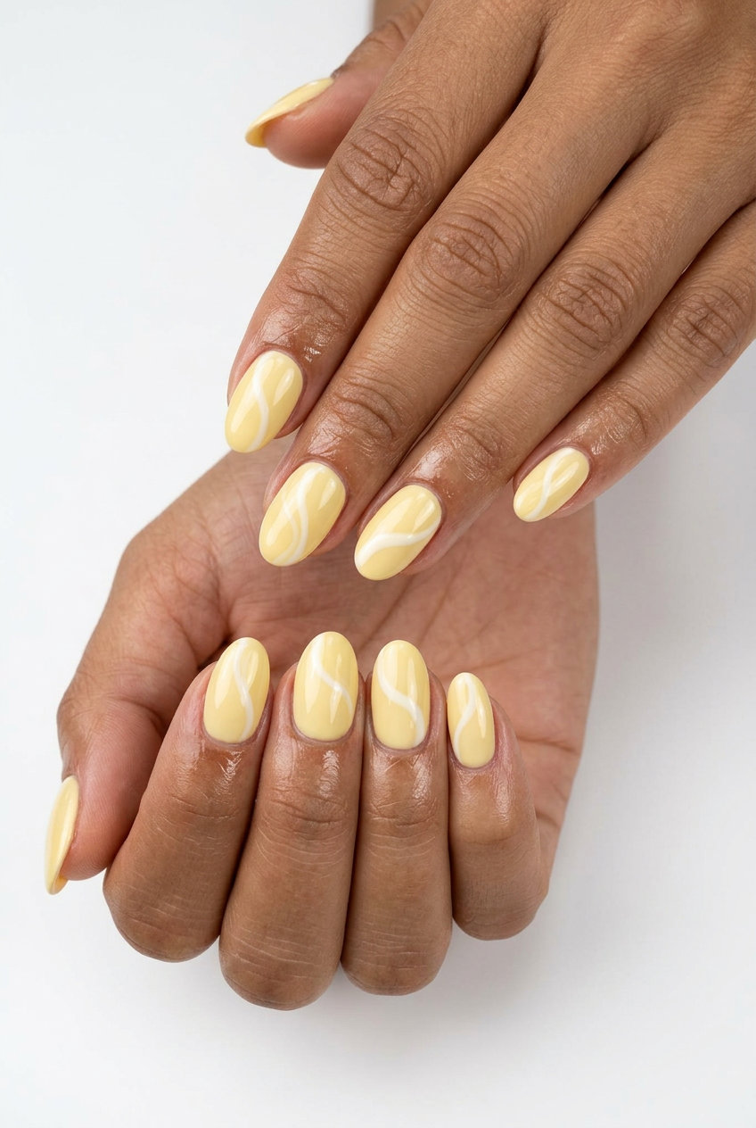 Butter Yellow Oval Swirls Nails 2026 Butter yellow oval swirls nails for casual outfits, oval summer nails 2026 for all skin tones.