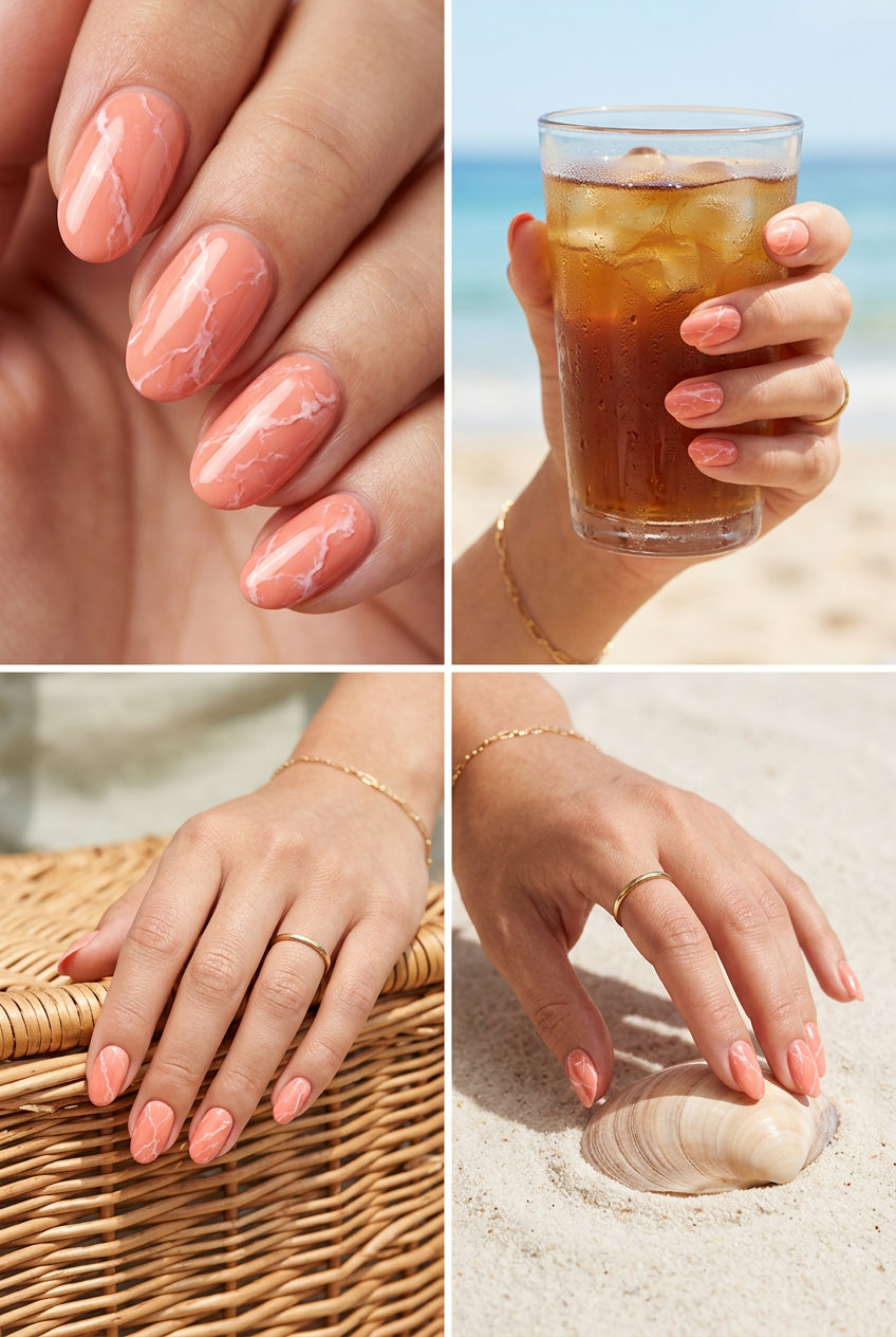 Oval Summer Nails 2026: Coral Marble Glamour Soft coral marble oval nails for summer 2026, perfect for parties and glamorous events. Elegant and chic.