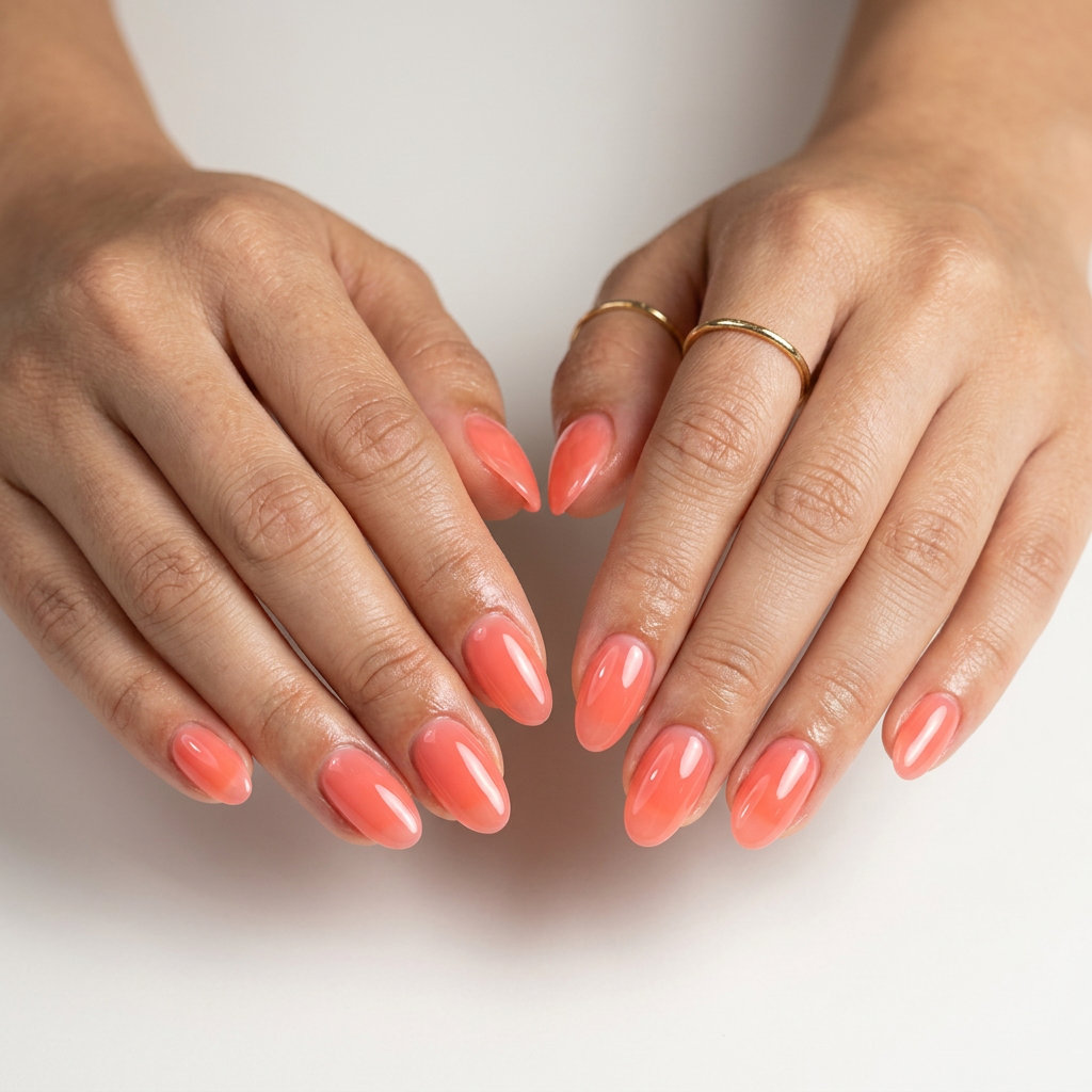 Jelly Coral Sunset Oval Nails 2026 Jelly coral oval nails for vacation outfits, oval summer nails 2026 for all skin tones.
