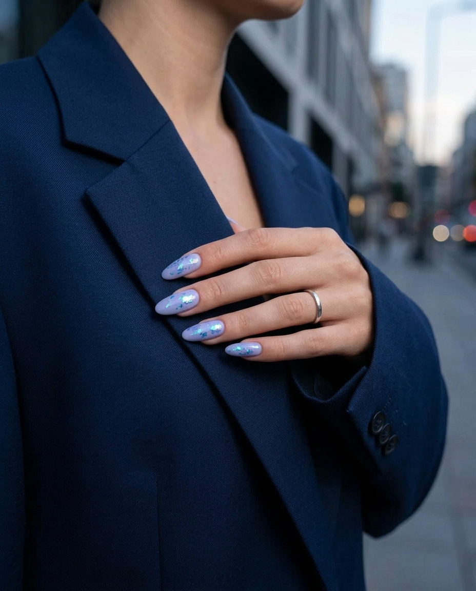 Oval Summer Nails 2026: Lavender Haze Chrome Lavender haze chrome dust oval nails for summer 2026, ideal for parties and date nights. Futuristic and dreamy.