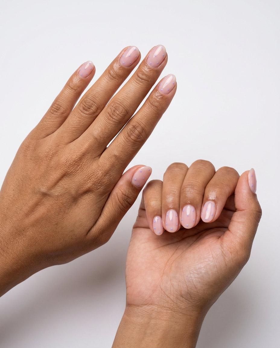 Lavender Polka Dot Oval Nails 2026 Lavender polka dot oval nails for casual outfits, oval summer nails 2026 for all skin tones.