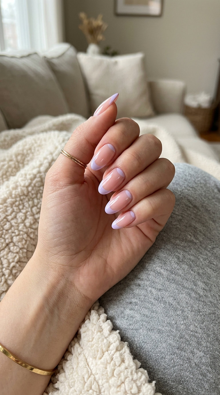 Oval Summer Nails 2026: Lavender Reverse French Light lavender oval reverse French nails for summer 2026, elegant for parties and date nights. Refreshing design.