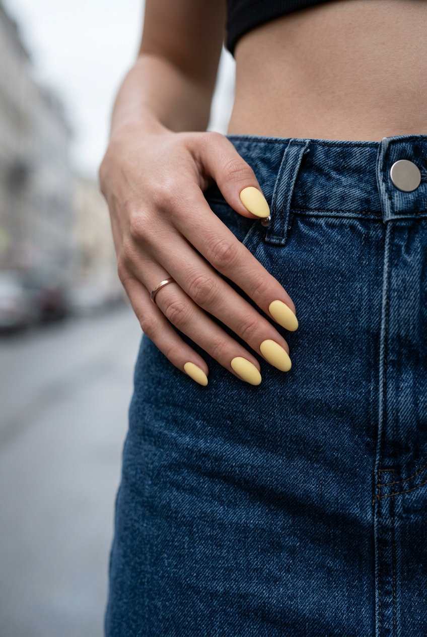 Matte Butter Yellow Oval Nails 2026 Matte butter yellow oval nails for casual outfits, oval summer nails 2026 for all skin tones.