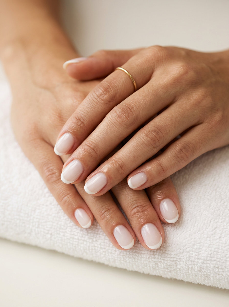 Classic Oval French Nails 2026: Milky White Milky White Classic Oval French nails: sheer nude base with milky white tips for oval summer nails 2026.