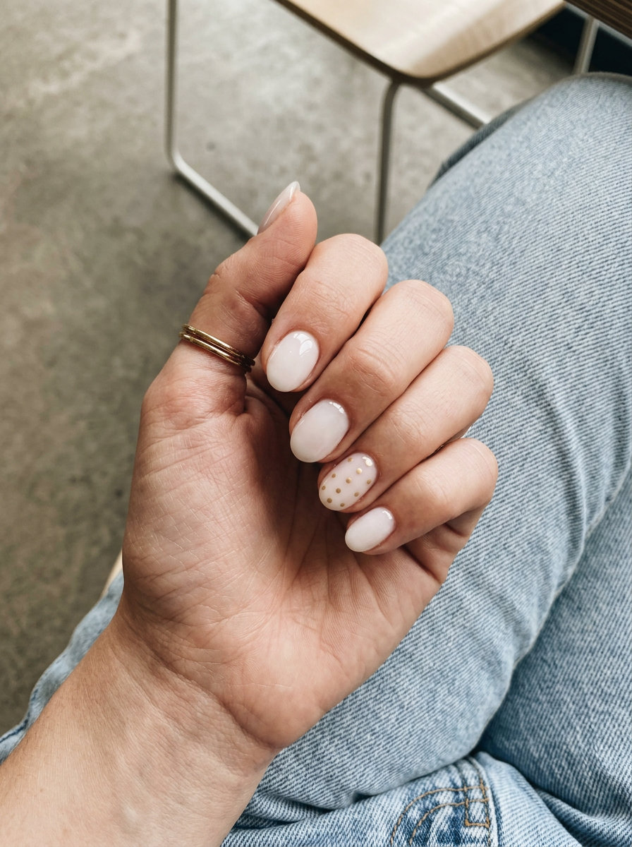 Chic Oval Nails 2026: Milky White with Dots Milky White Oval nails with Delicate Dots: sheer milky white with accent dots for oval summer nails 2026.