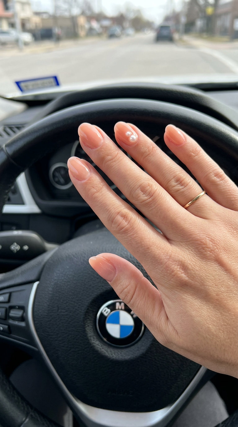 Oval Summer Nails 2026: Peach Pearls Elegance Sheer peach oval nails with delicate pearls for summer 2026, elegant for weddings and date nights. Understated luxury.