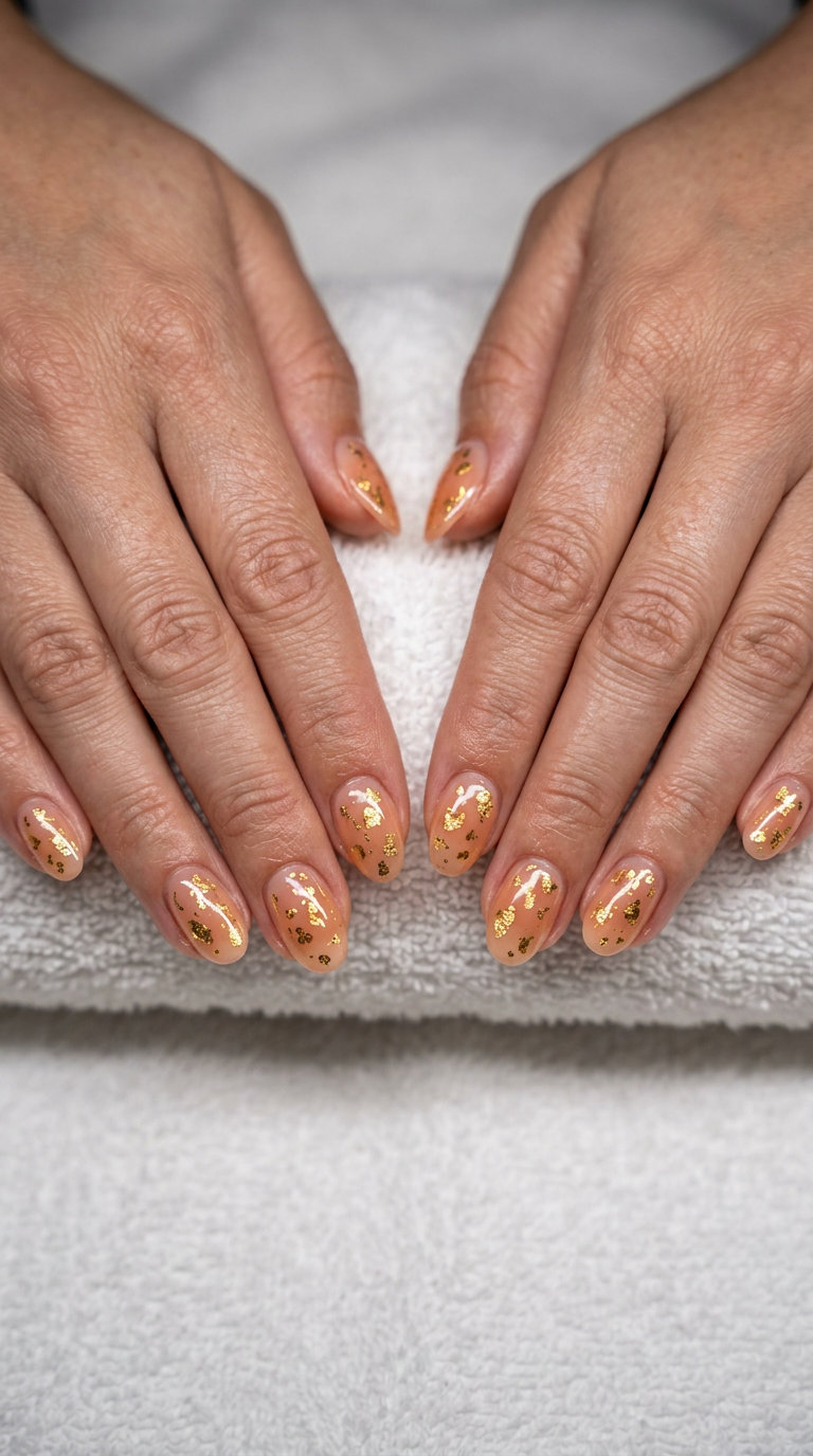 Peach Sunset Flakes Oval Nails 2026 Peach sunset flakes oval nails for vacation outfits, oval summer nails 2026 for all skin tones.
