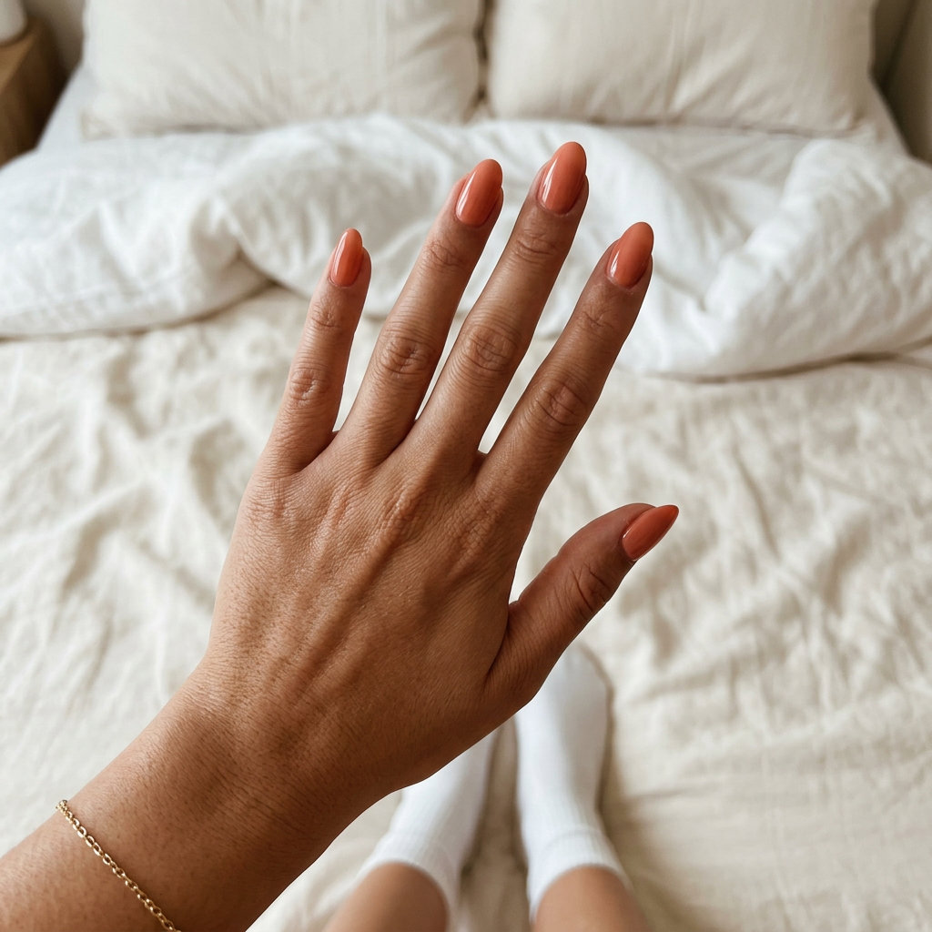 Oval Summer Nails 2026: Soft Coral Builder Gel Soft coral builder gel oval nails for summer 2026, clean and polished for daily wear. Effortless style.
