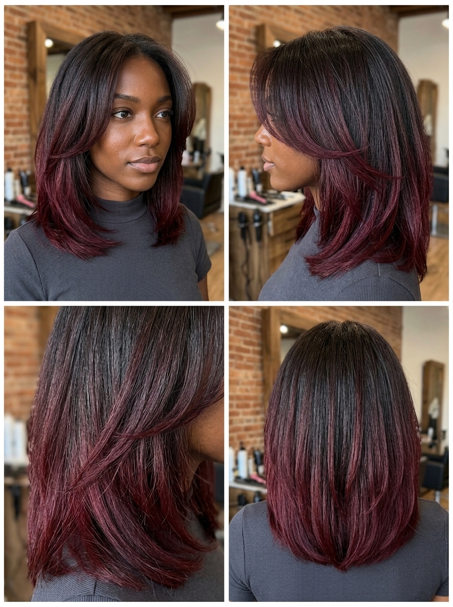 choppy layered cut with oxblood burgundy dip-dye and dark brown base for music festivals