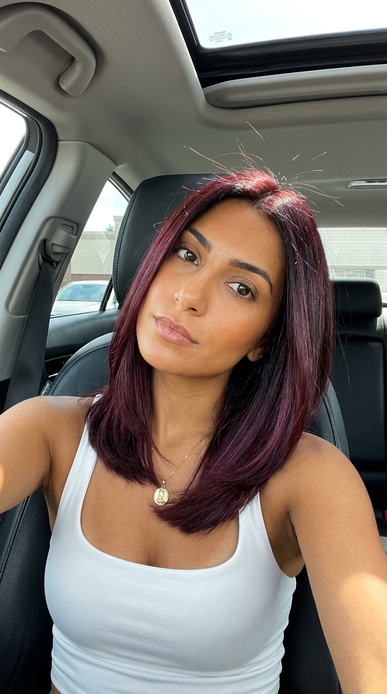 long oxblood color melt with violet-red undertones, soft blurred transition for summer 2026