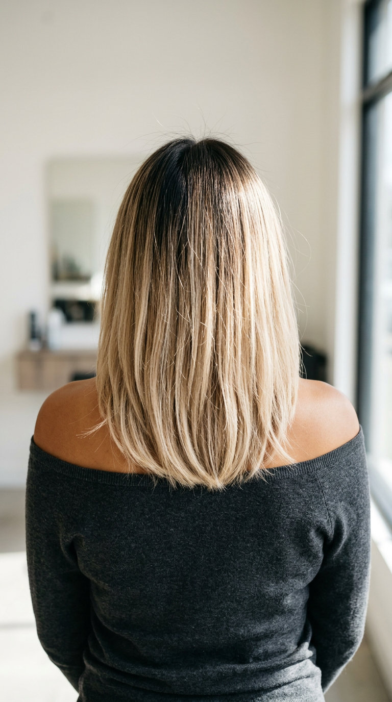 long soft blunt midi oat milk bronde with pale sandy blonde, shadow root, no fringe — playful, effortless