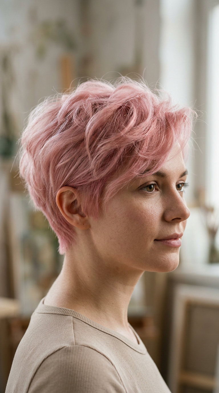 very short pixie haircut with pastel pink, rose gold nuances, wispy fringe — playful, dreamy