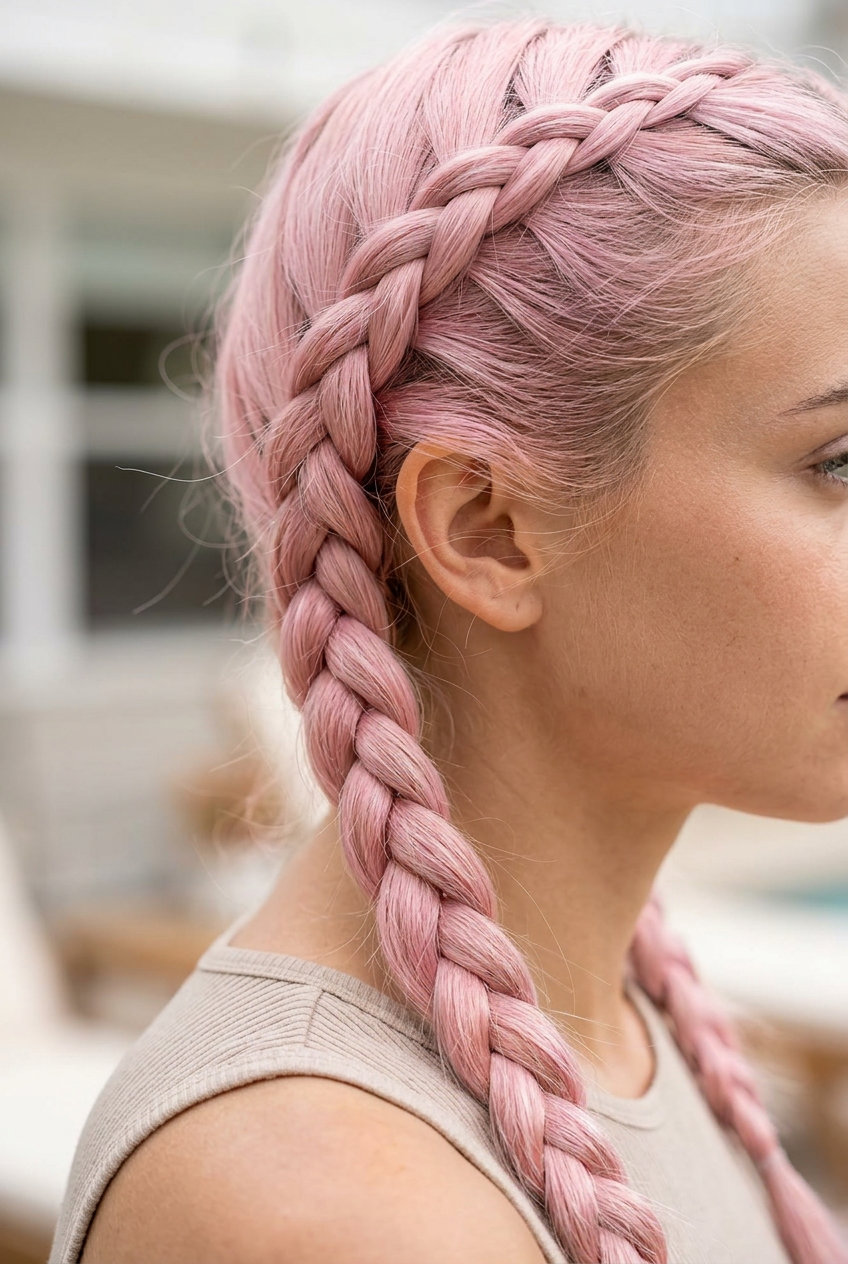medium pastel pink pigtail braids with rose gold fade, blunt ends for casual outings