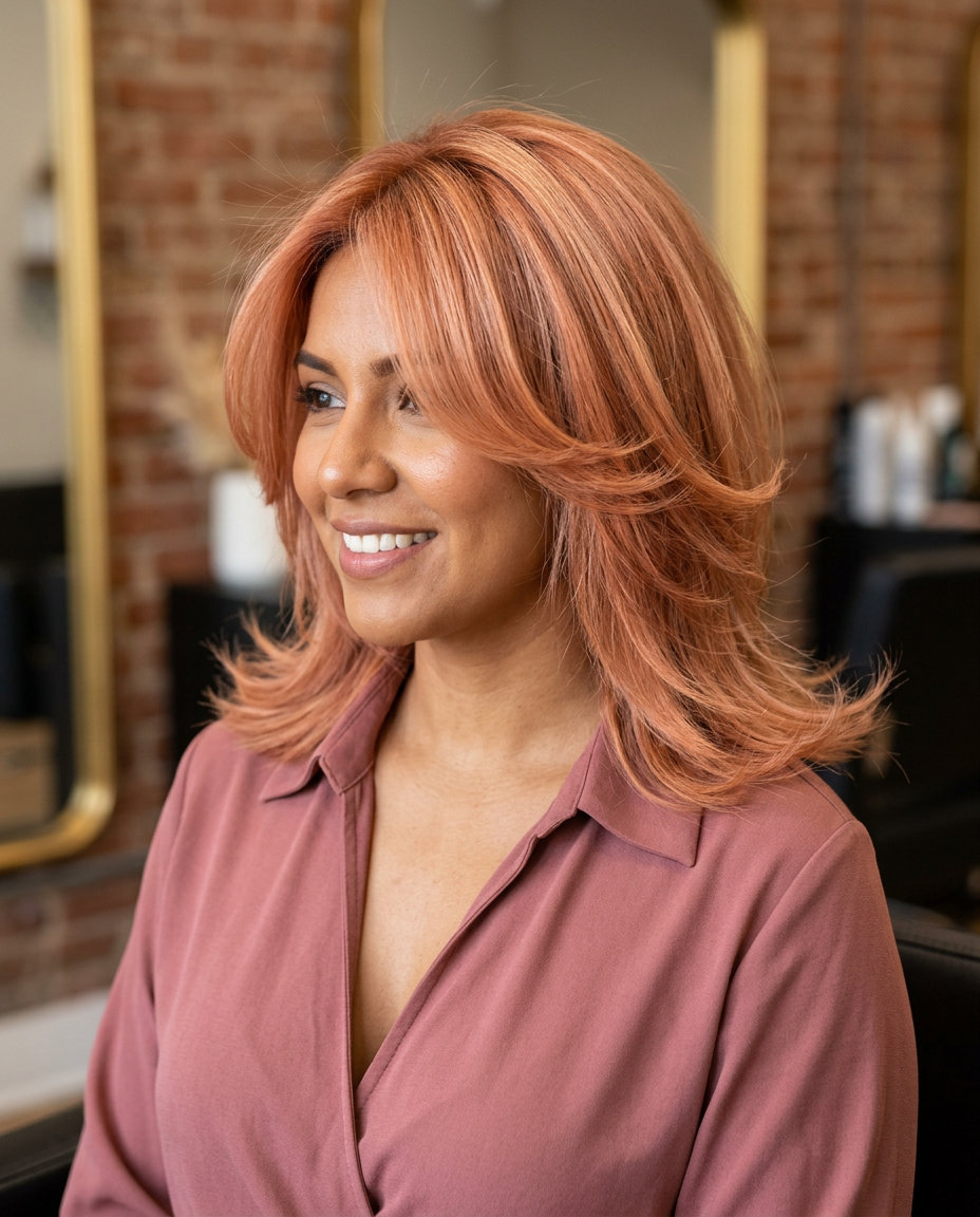 medium butterfly haircut with peach fuzz copper, rose gold overlay, face-framing layers — romantic voluminous summer brunch