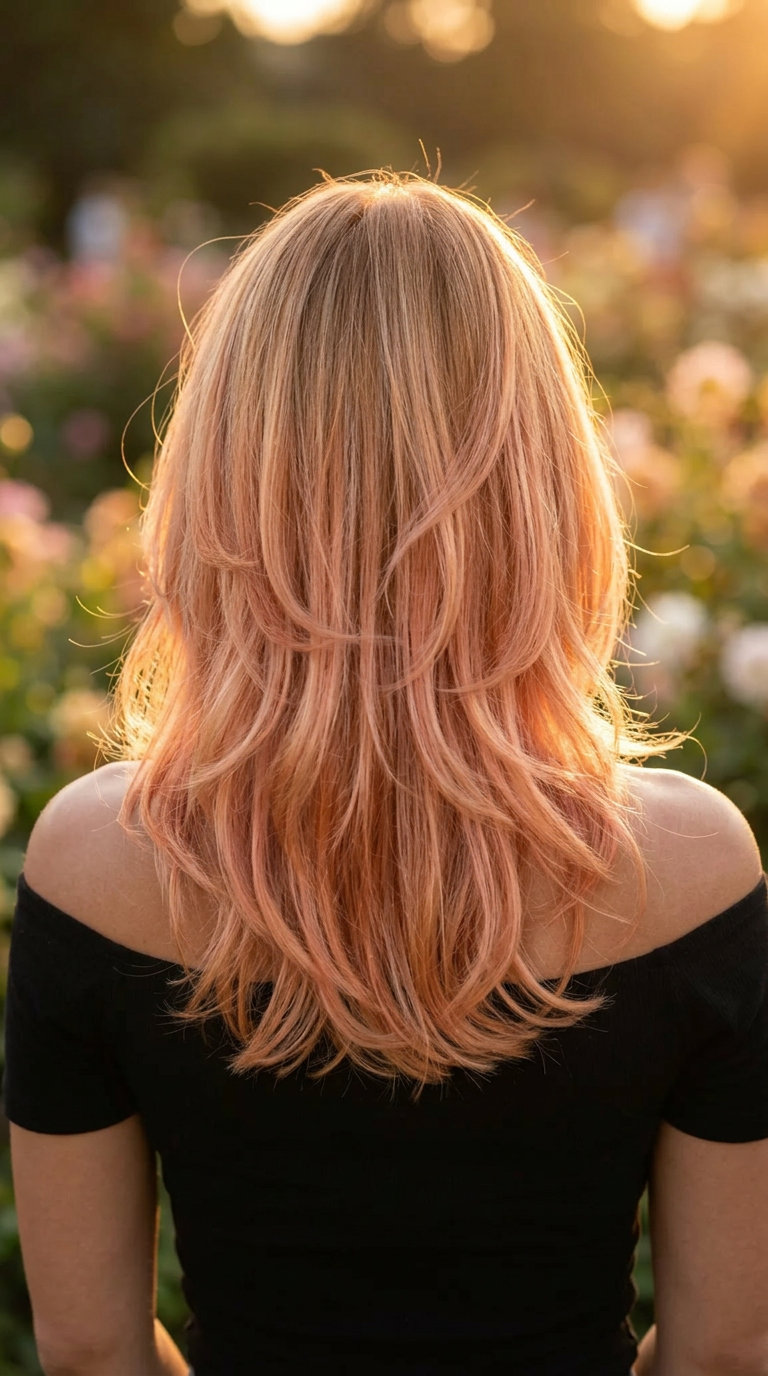 long peach fuzz balayage with rose-gold, apricot, and strawberry blonde for romantic dinners