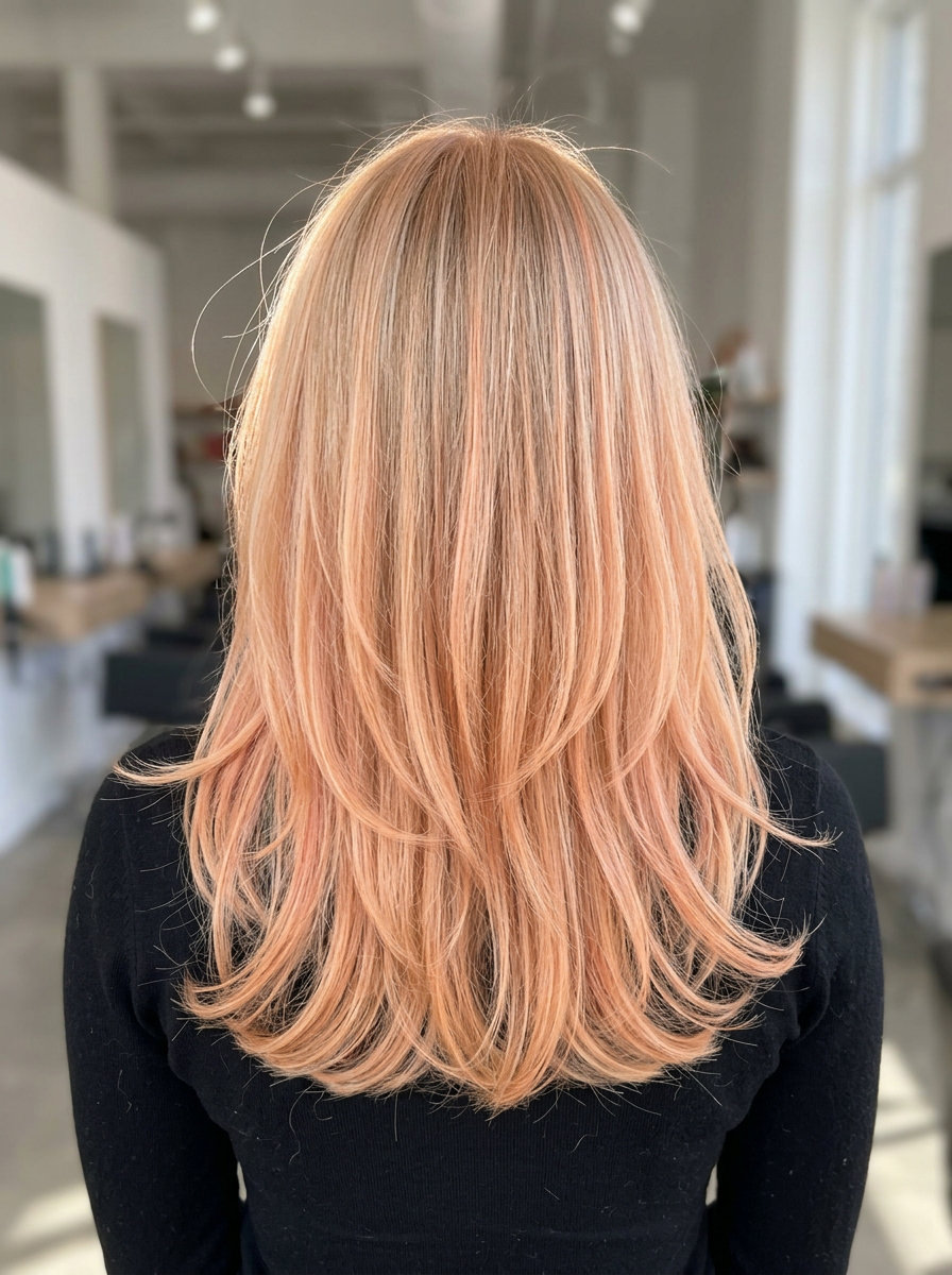 mid-length layered cut with soft peach fuzz highlights, freehand balayage for playful accents