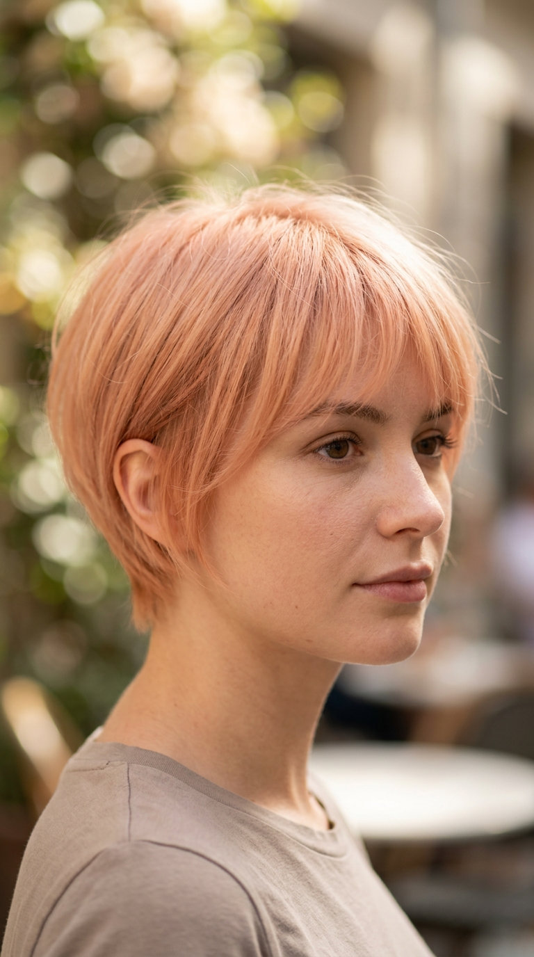 very short pixie haircut in soft pastel peach fuzz with rose gold, wispy micro-fringe, romantic mood