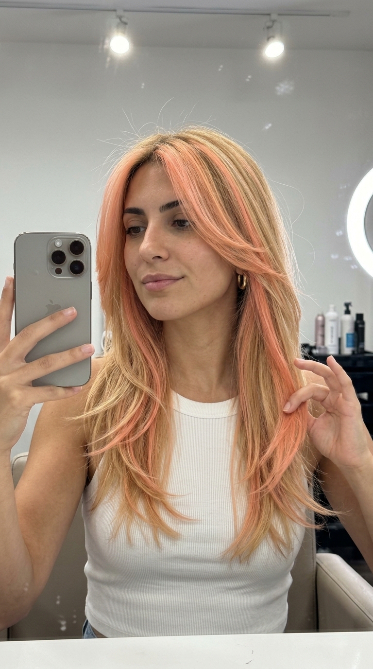 long haircut with pastel peach highlights, textured layers, no fringe — edgy