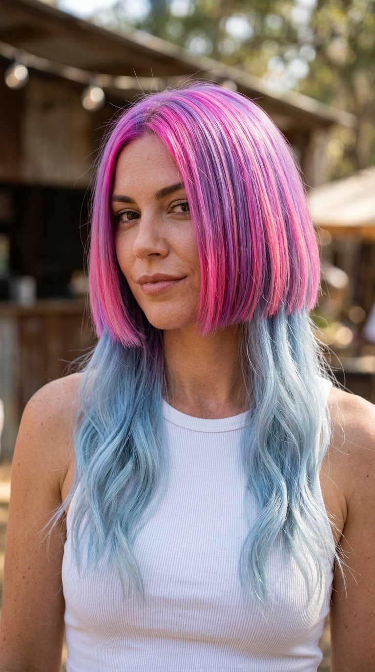 short pastel peach bob with platinum blonde base, two-tiered cut, no fringe — avant-garde music festival