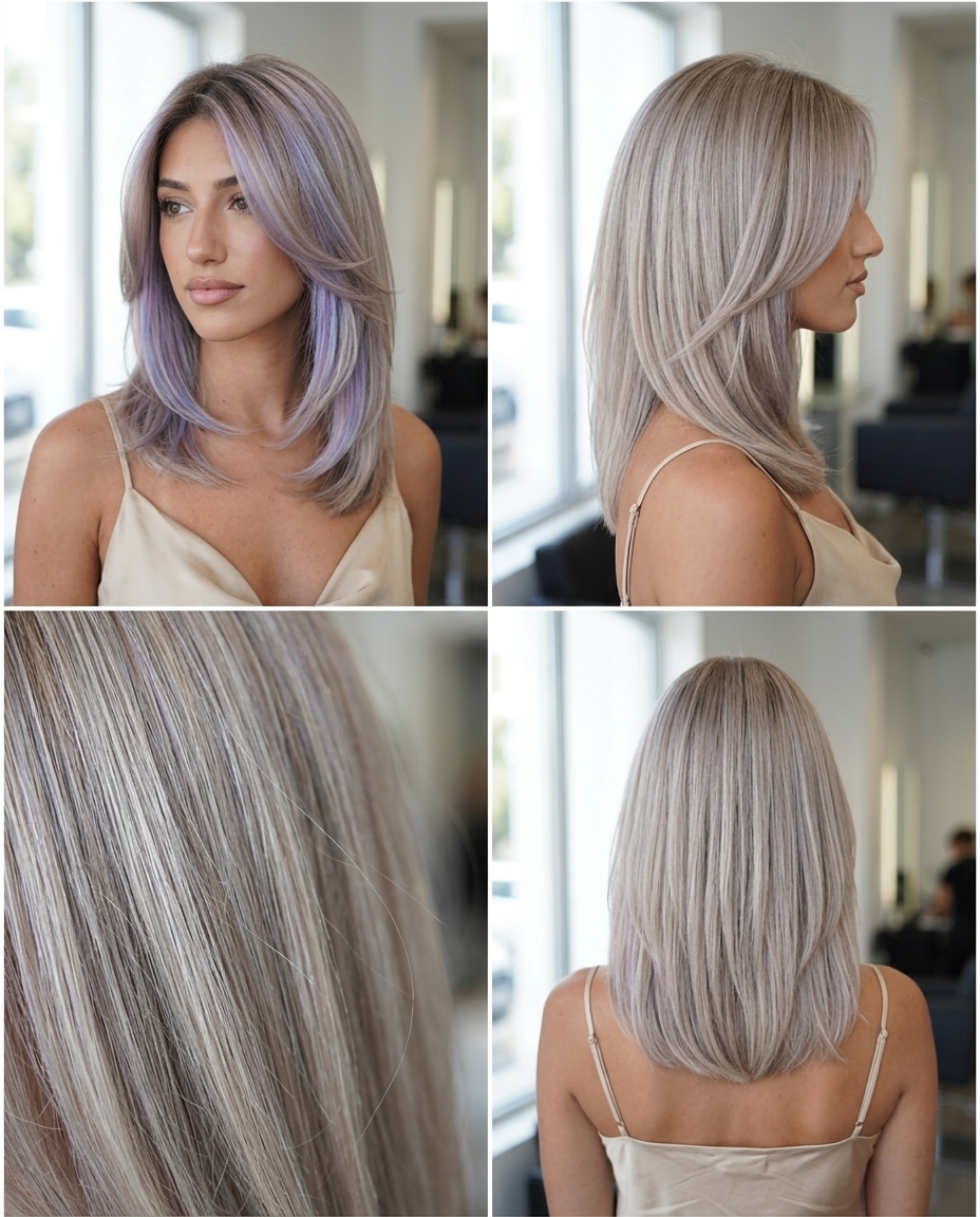 chin-length pearl ash blonde glaze with iridescent violet pigments, all-over glaze — romantic ethereal date night