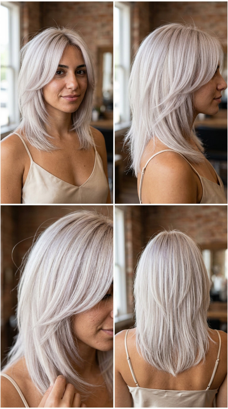 medium layered wolf cut in pearl blonde with neutral root for date night