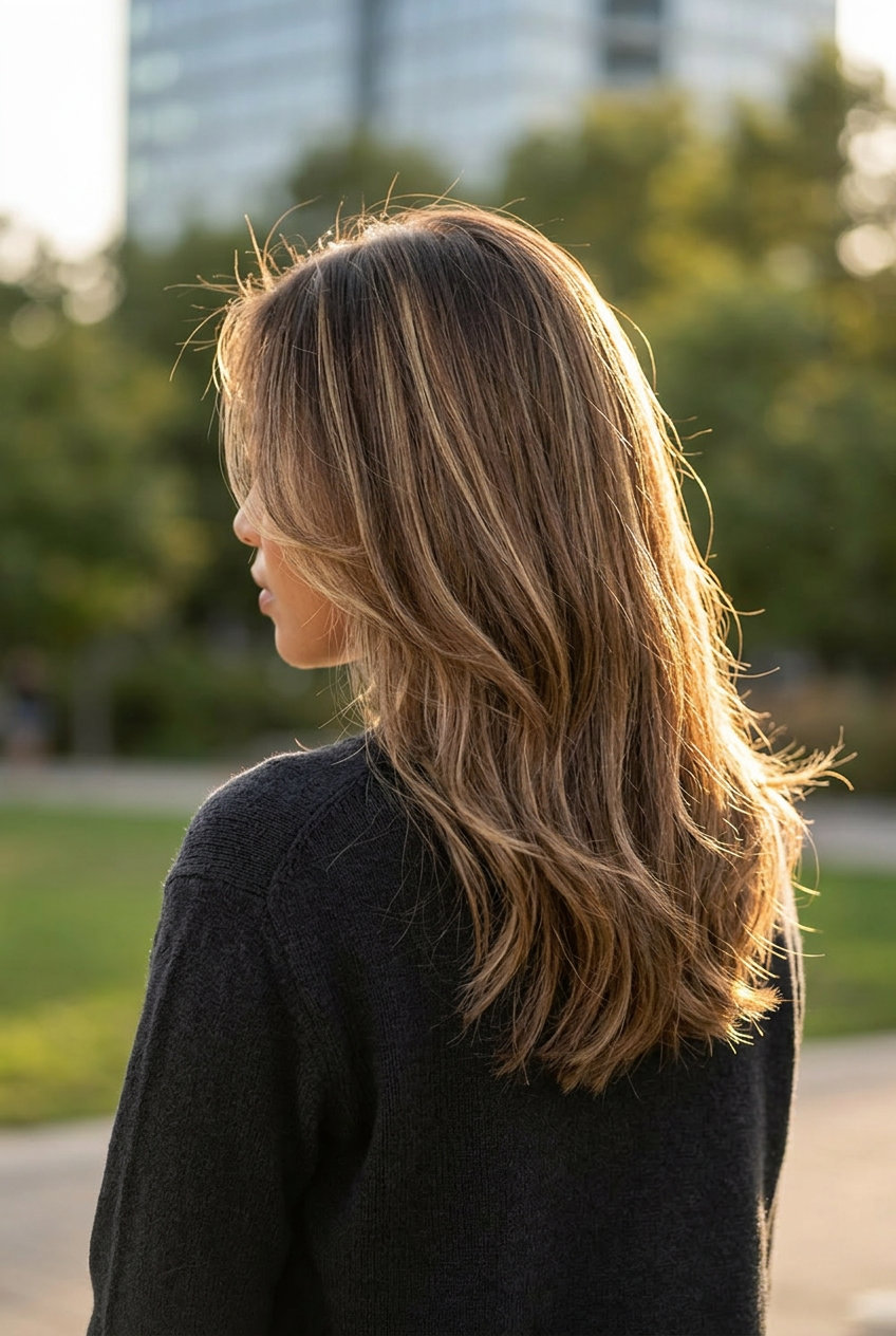 long layered brunette with melted pecan face-framing highlights, subtle balayage — natural, effortless
