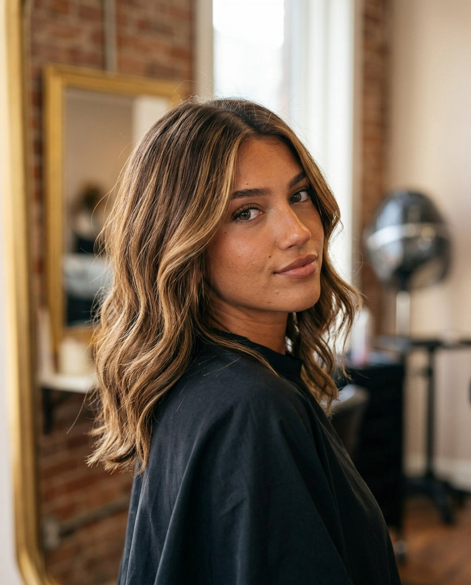 shoulder-length bronde balayage with warm toffee blonde, dark chocolate lowlights, and soft waves for daily wear