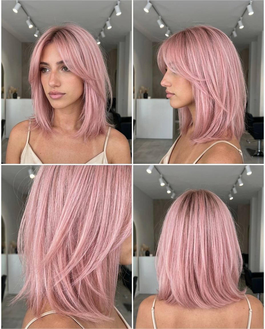 medium-length peony pink shag haircut with natural root shadow and curtain bangs for festivals