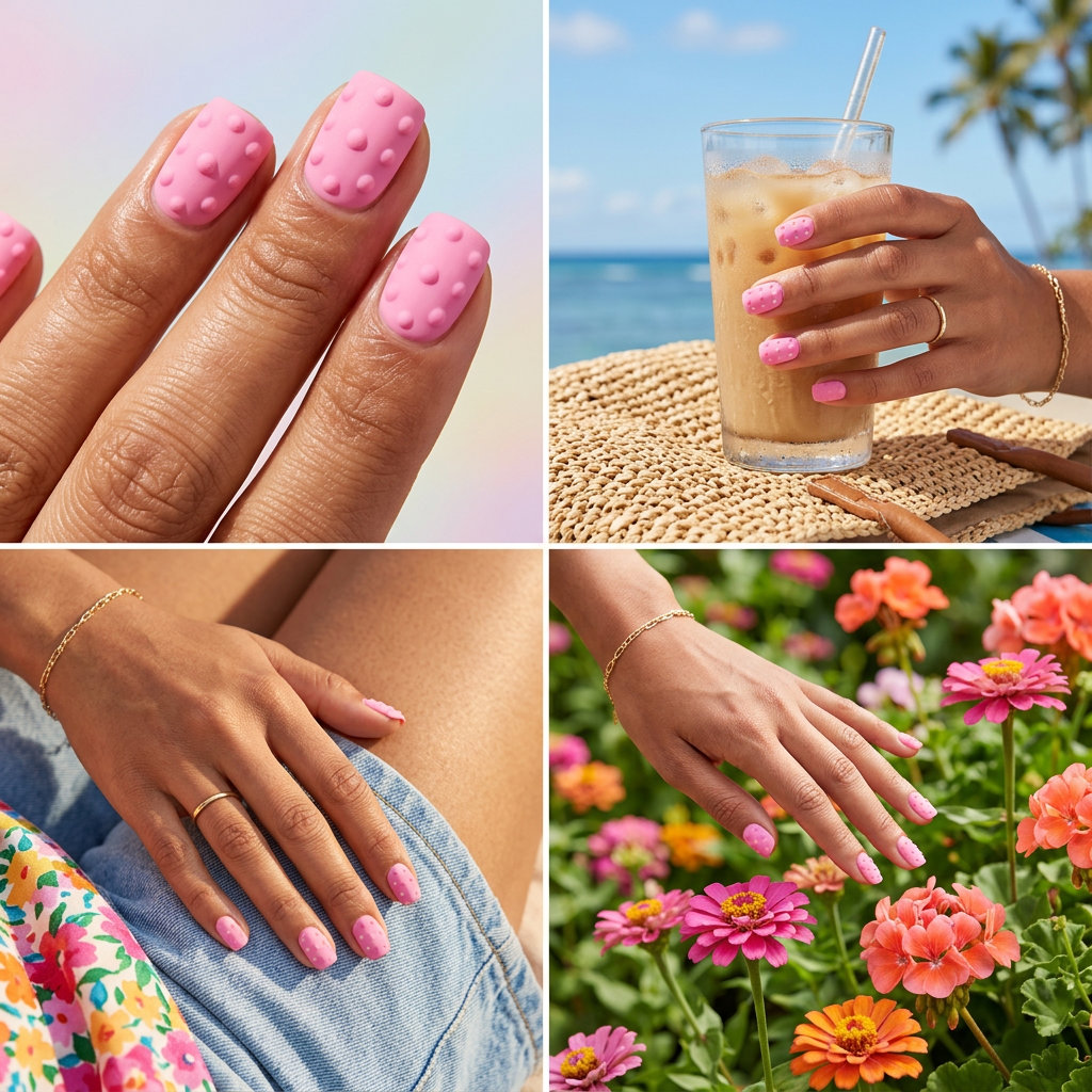Matte bubblegum pink nails with 3D textured dots for whimsical daily wear. Pink summer nails 2026 style.