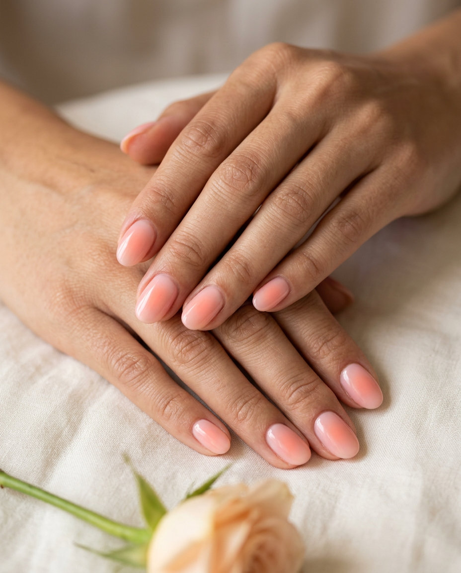 Coral pink milky aura nails for wedding guest or date night, featuring a soft pink/peach gradient. Pink summer nails 2026.