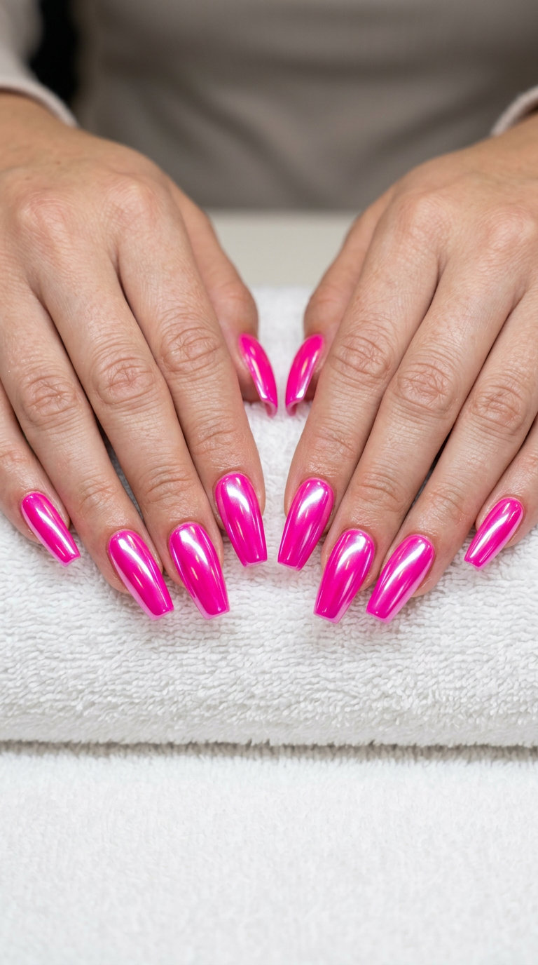 Futuristic electric pink chrome finish nails for summer parties or festivals. Glamorous pink summer nails 2026.