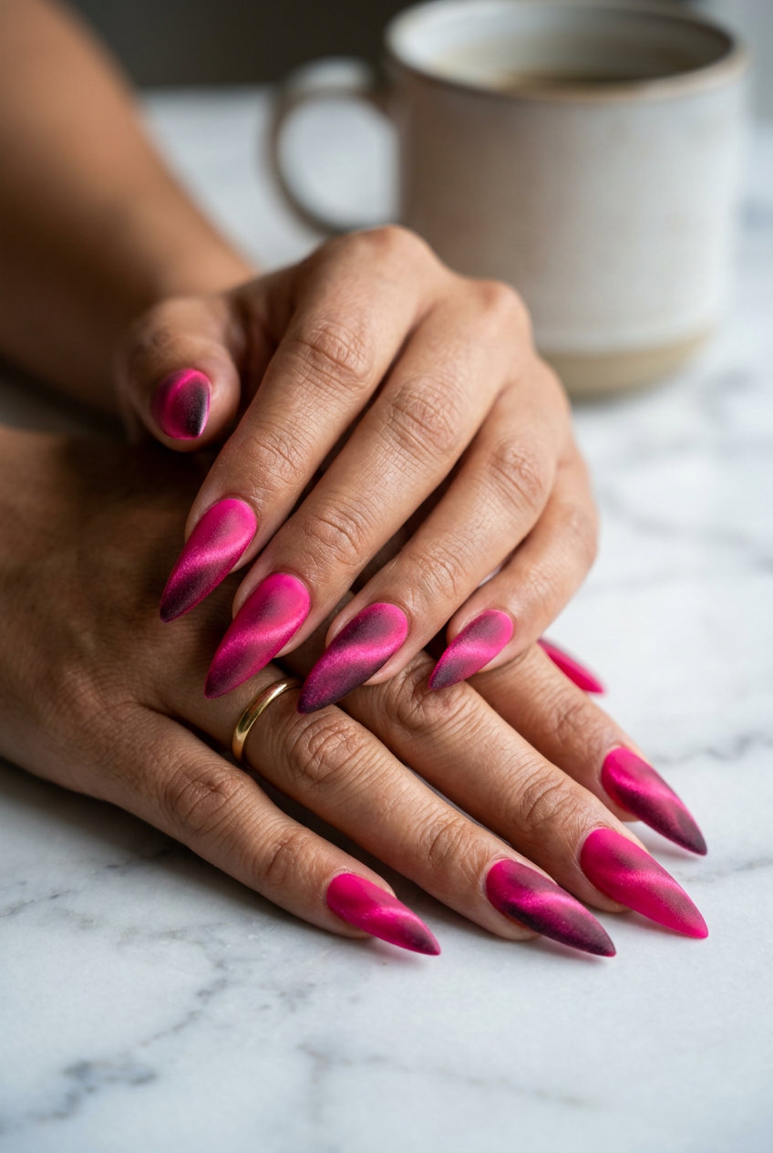 Hot pink velvet cat-eye nails for a sultry night out. Pink summer nails 2026.
