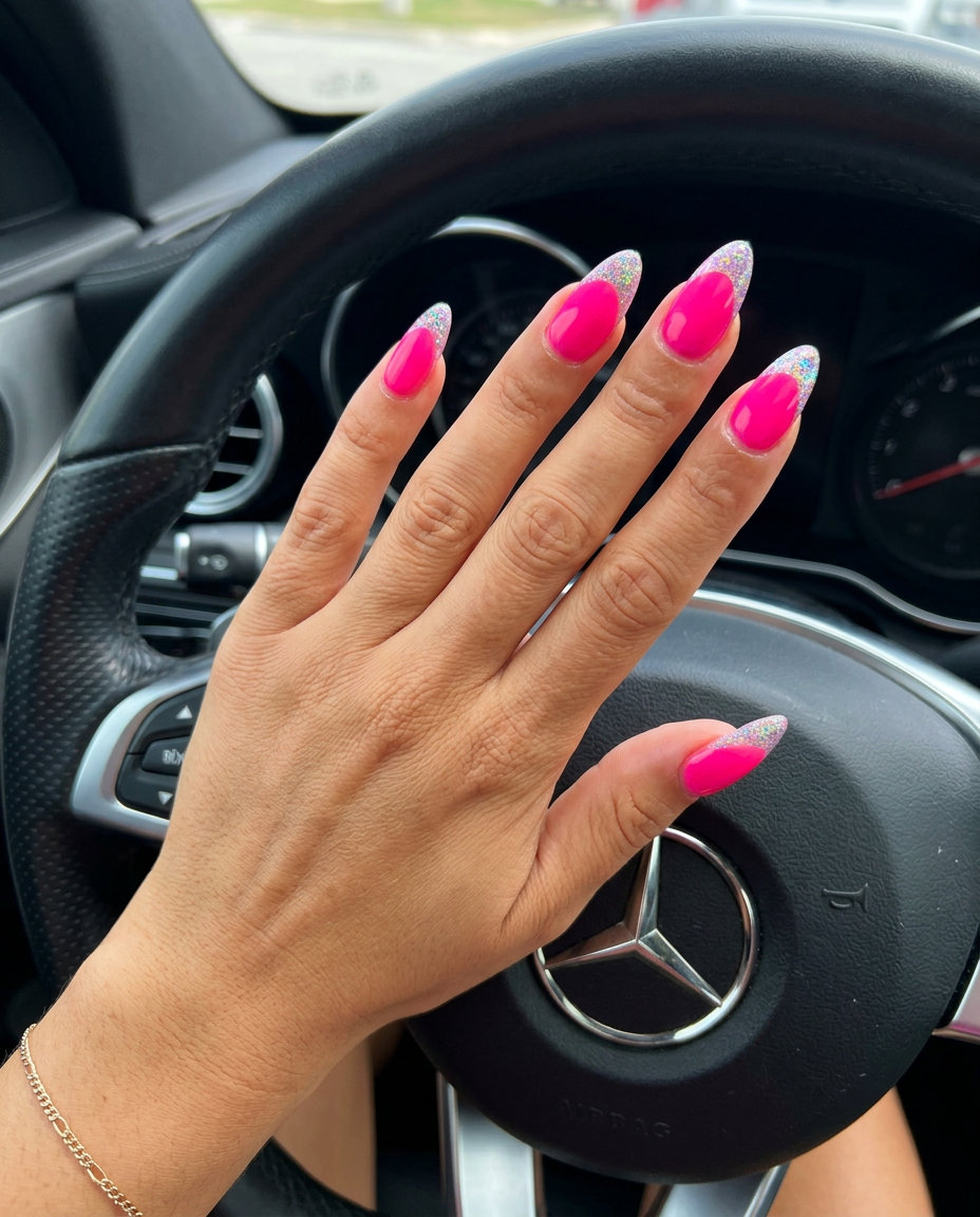 Electric neon pink French tip nails with holographic glitter for festivals. Pink summer nails 2026.