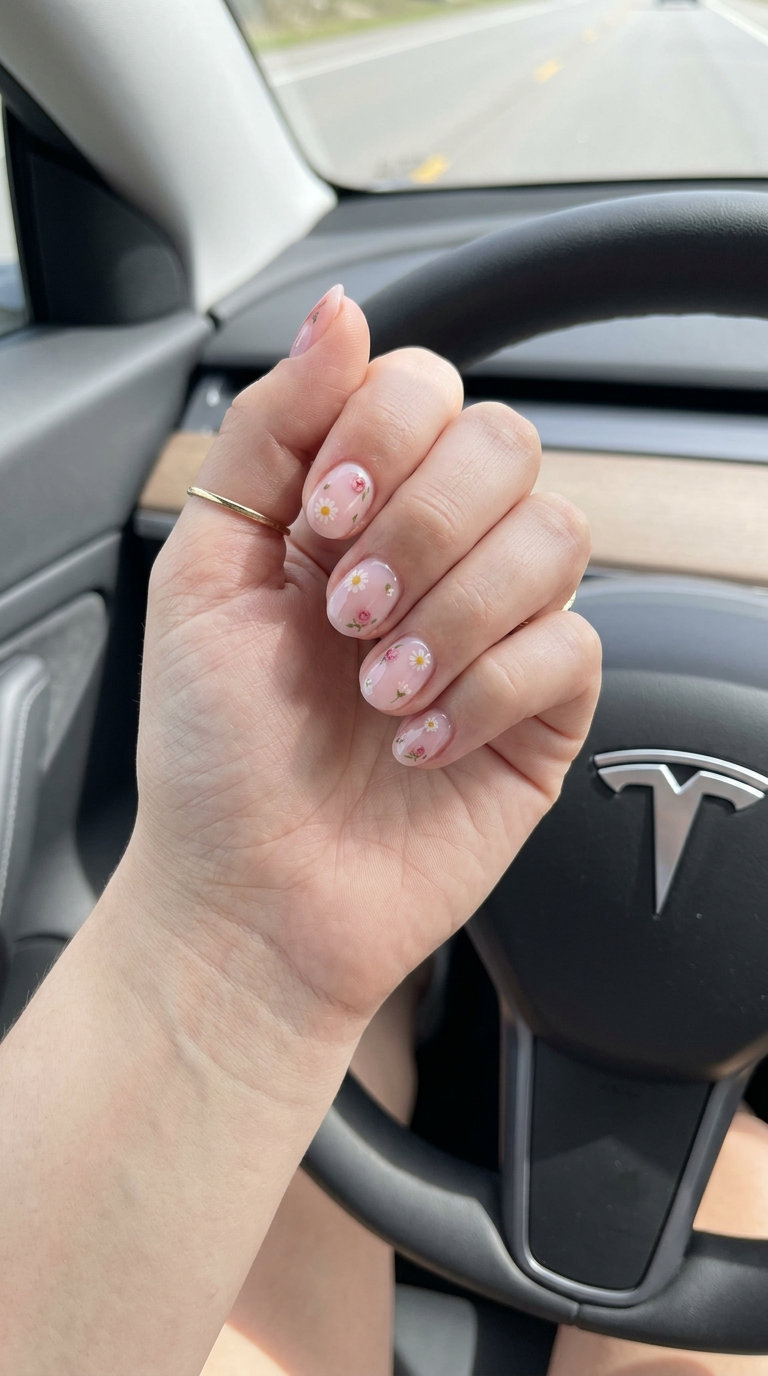 Pastel pink milk bath nails with delicate floral decals for weddings. Pink summer nails 2026.