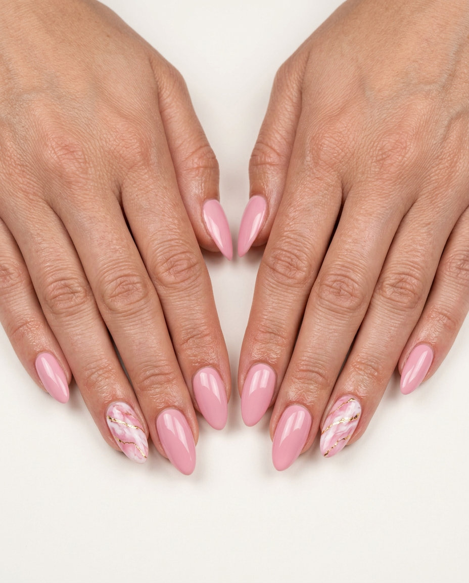 Sophisticated pink and white marble accent nails with gold veins for formal events. Pink summer nails 2026.
