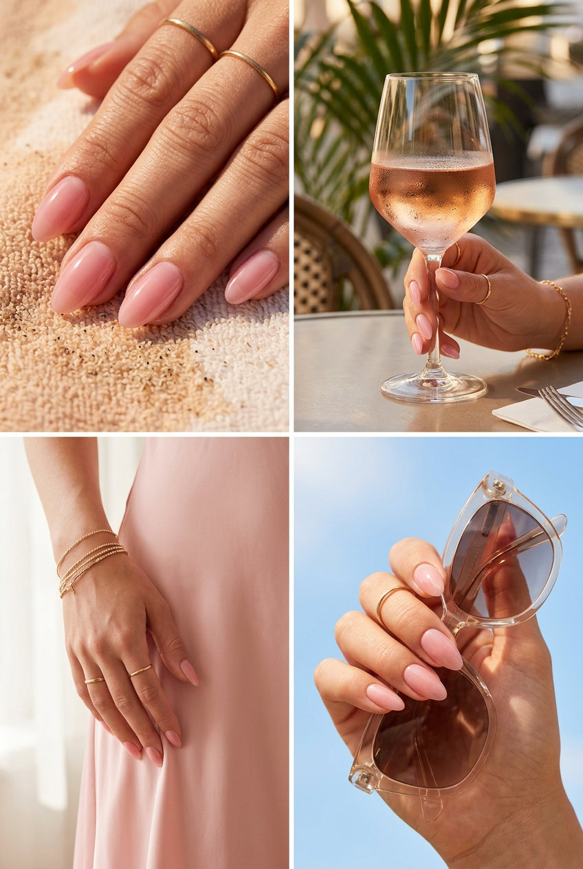 Sheer pink glass nails for a clean, minimalist, and ethereal summer look in 2026. Perfect for work or casual days.