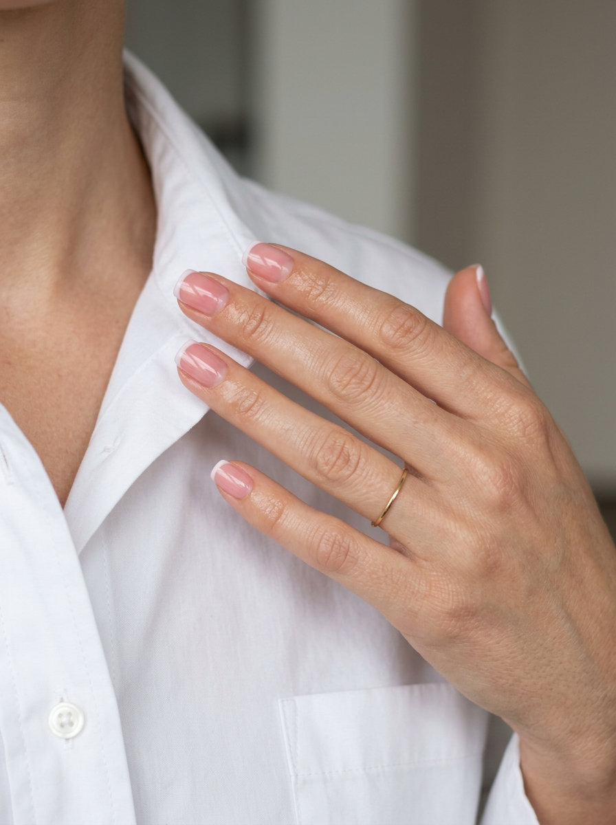 Clean sheer strawberry pink micro-French nails for daily wear, work, or bridal showers. Pink summer nails 2026.