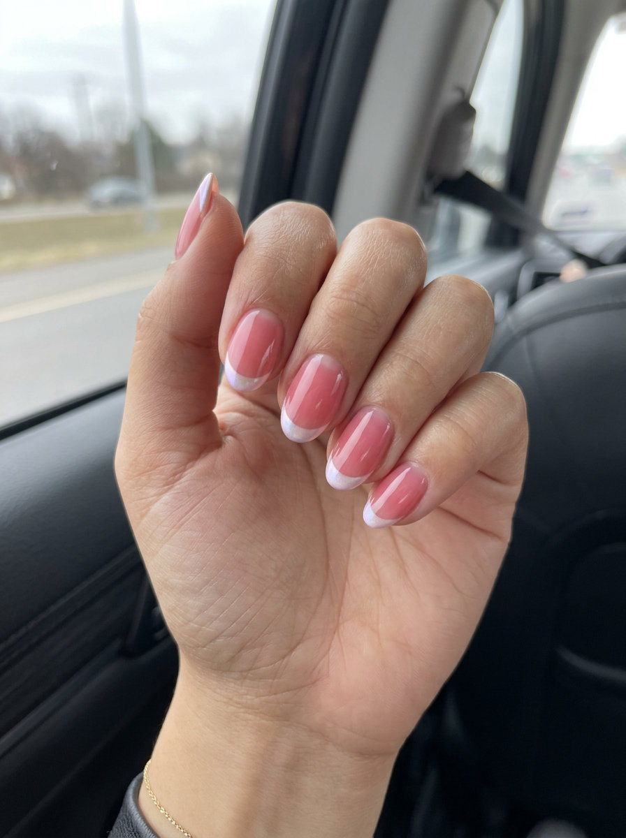 Romantic strawberry pink pearlescent French nails for date nights or special occasions. Pink summer nails 2026.