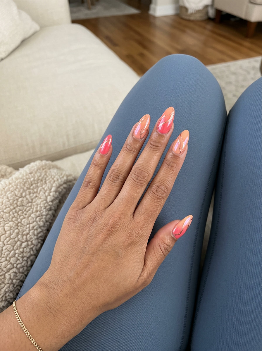 Sunset pink and orange gradient swirl nails with rose gold foil. Ideal for festivals and summer parties in 2026.