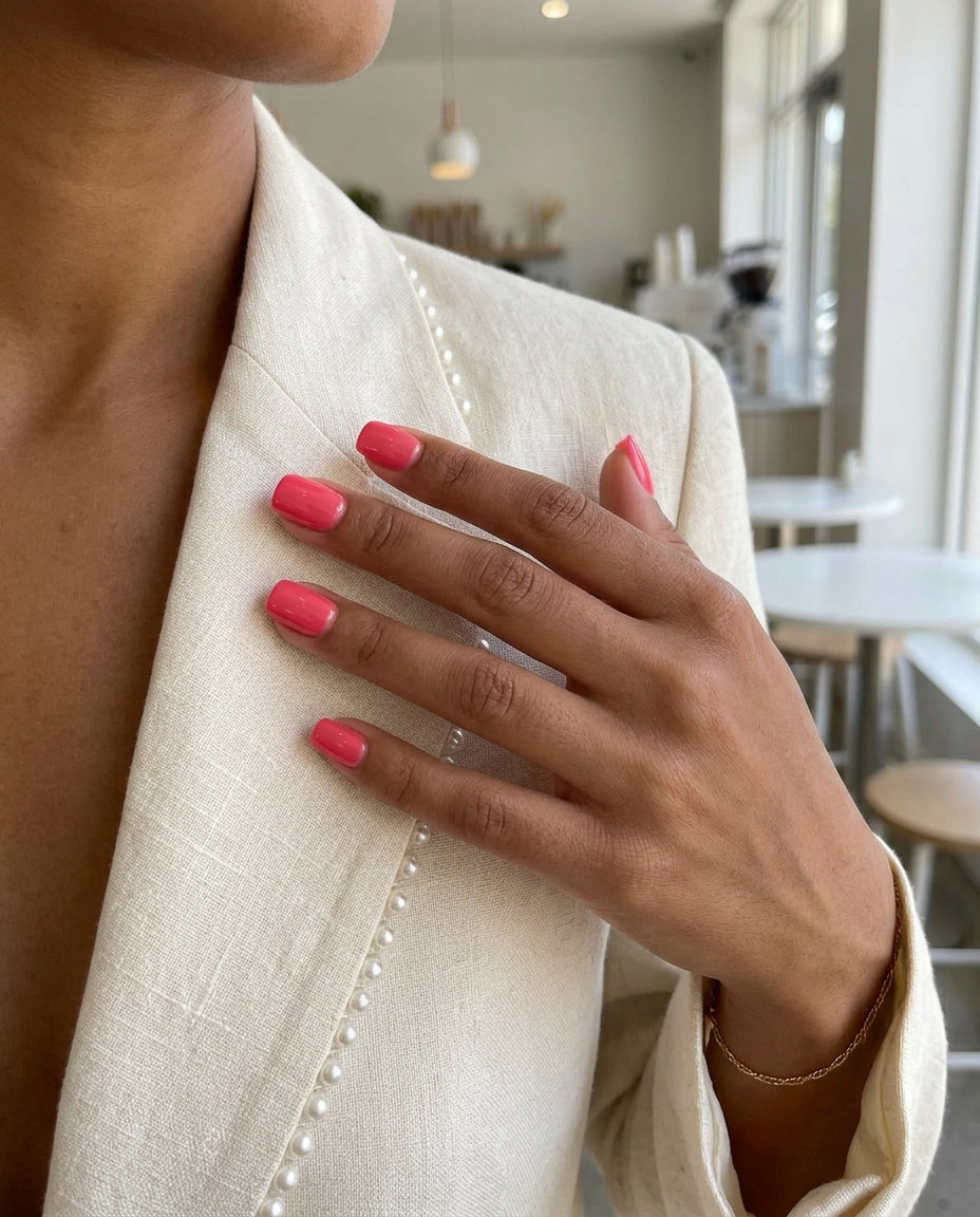 Glossy watermelon pink statement nails for a bold, playful look. Perfect for casual summer days and vacations in 2026.