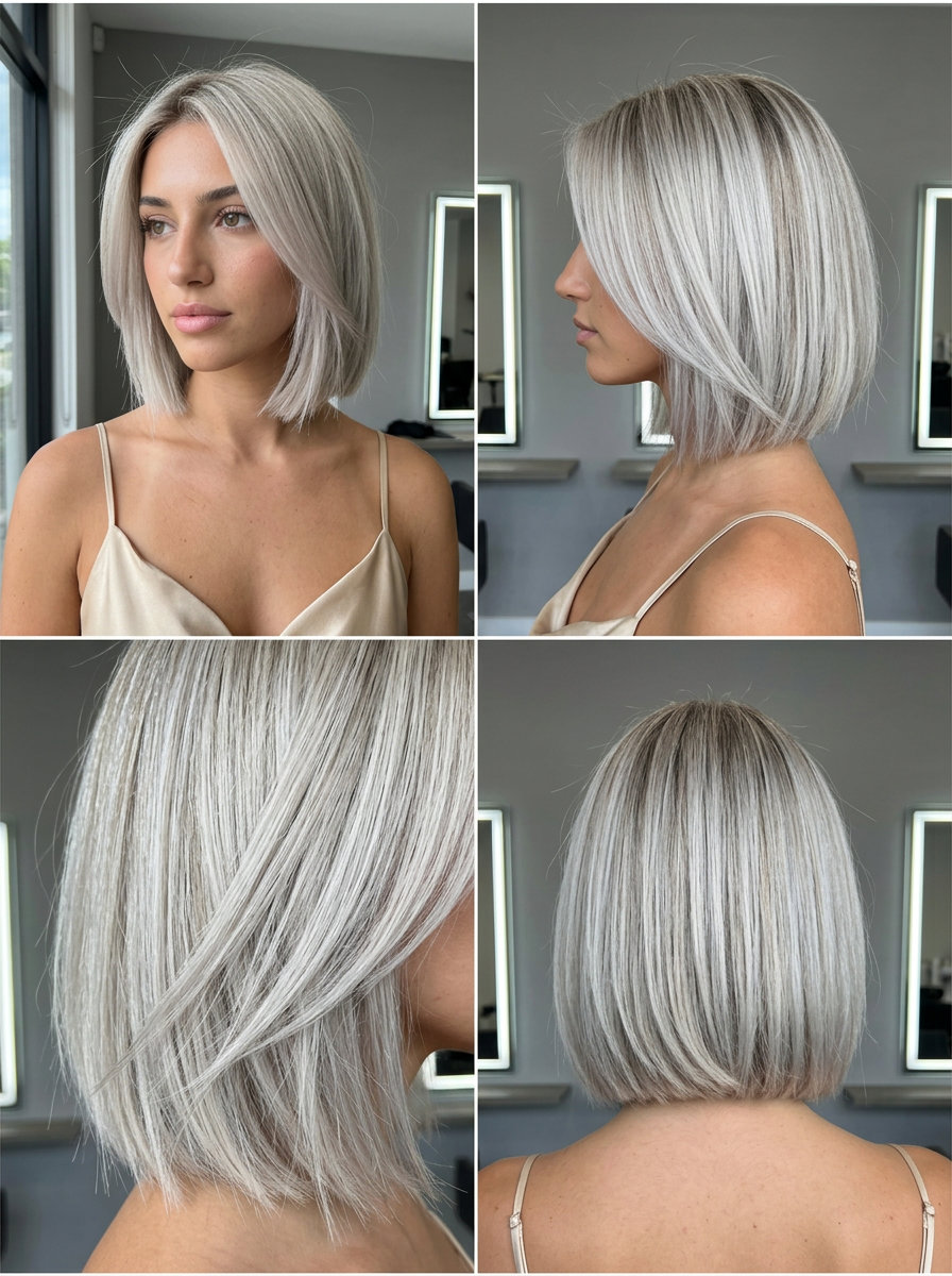 jawline bob haircut in cool platinum ash blonde, shattered blunt ends, no bangs, edgy