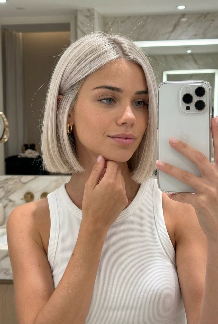 jaw-length blunt bob haircut in uniform level 10 platinum blonde with icy undertones, sharp perimeter — minimalist bold