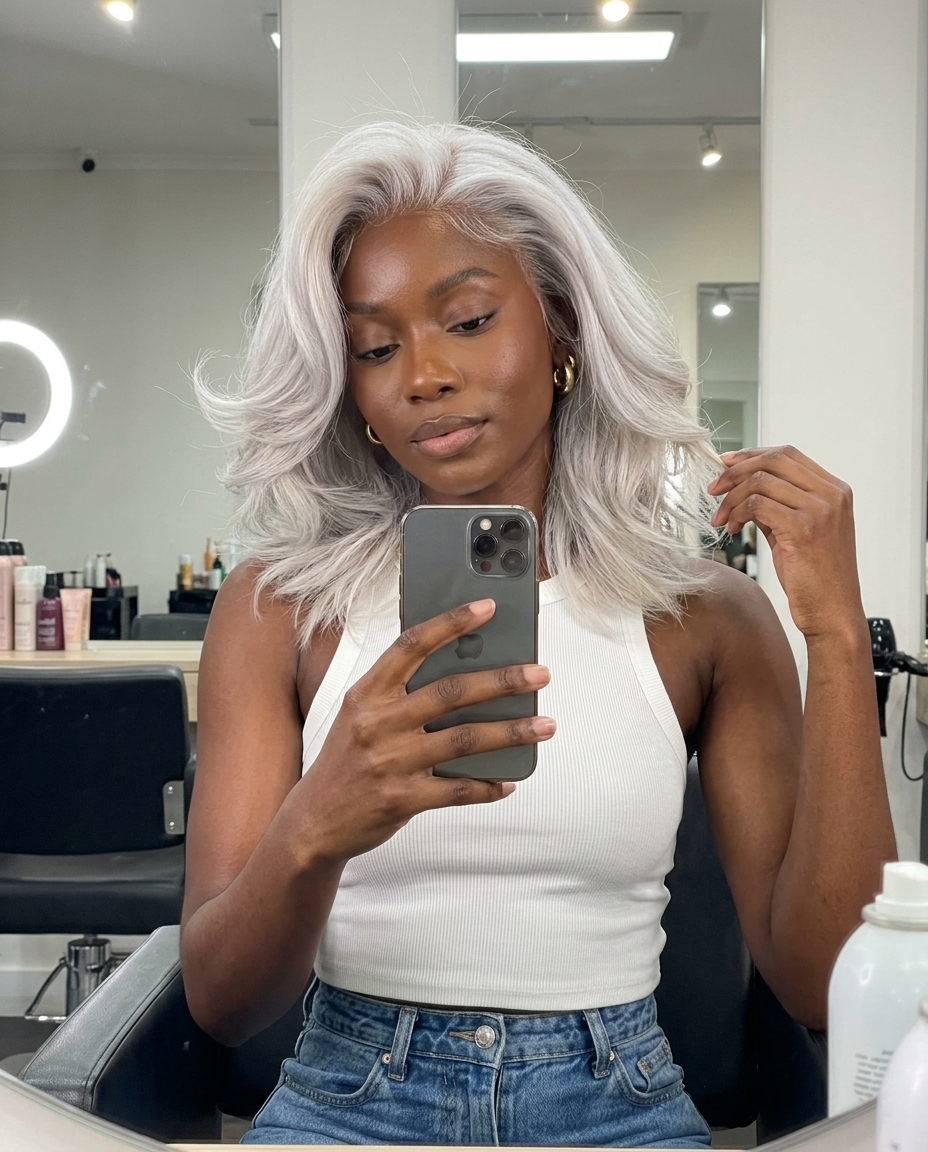 medium butterfly haircut in platinum blonde with cool silver tones, no fringe — bold summer festival