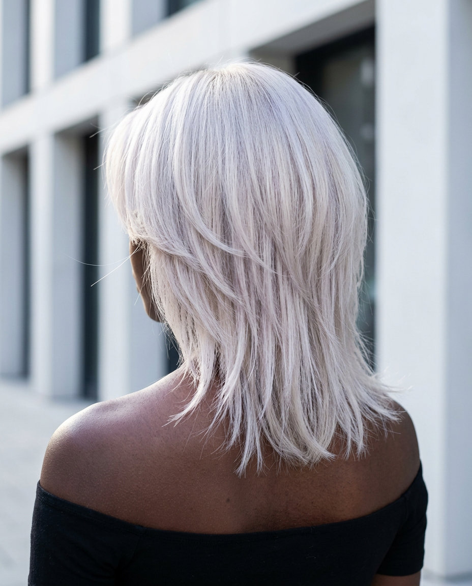 medium kitty cut haircut with icy platinum blonde and silver undertones for summer