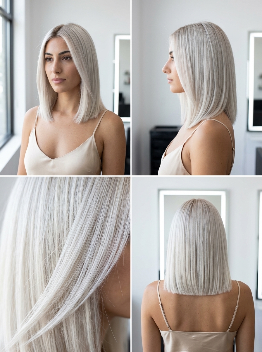 medium blunt lob haircut in icy platinum blonde with beige root shadow for sleek style